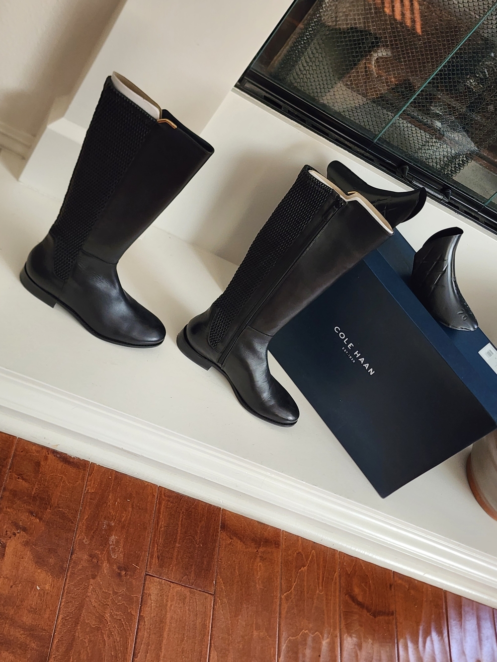 Cole Haan Black Leather Knee-High Riding Boots with Textured Back Panel